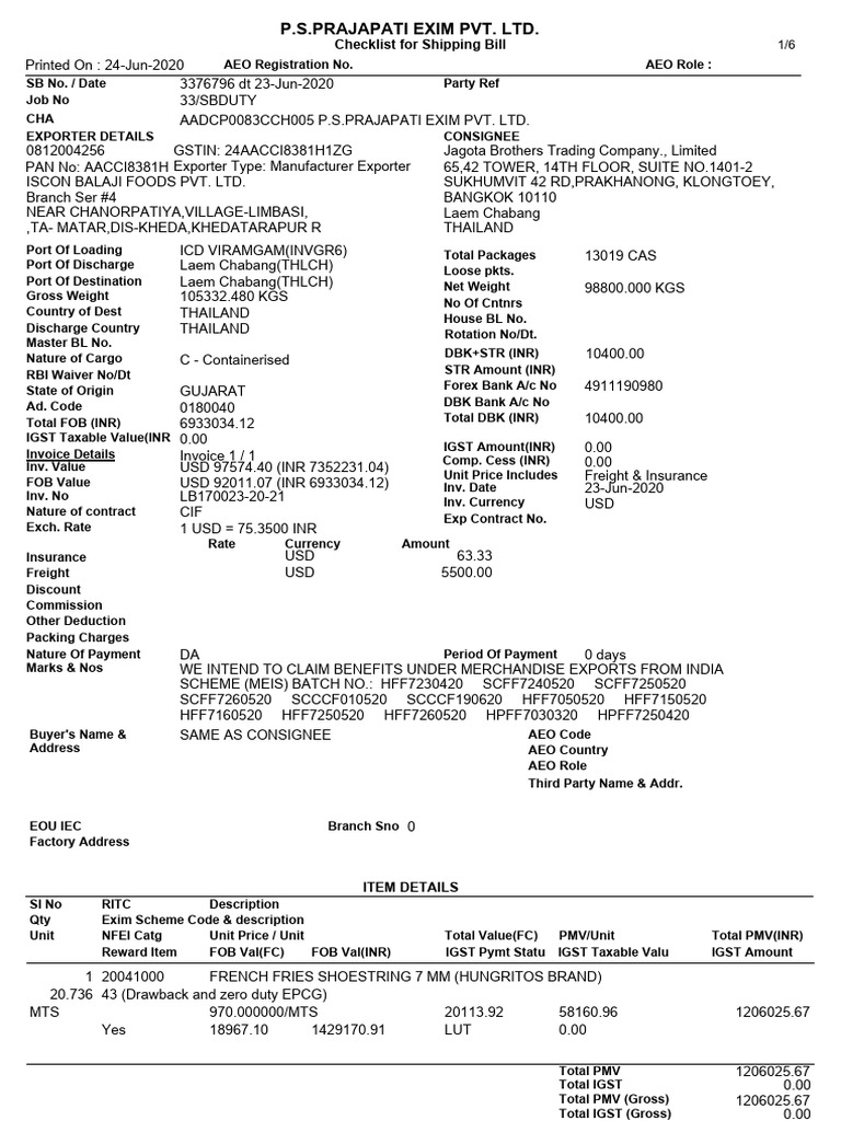 Export Shipping Bill Checklist | PDF | Trade | Supply Chain Management