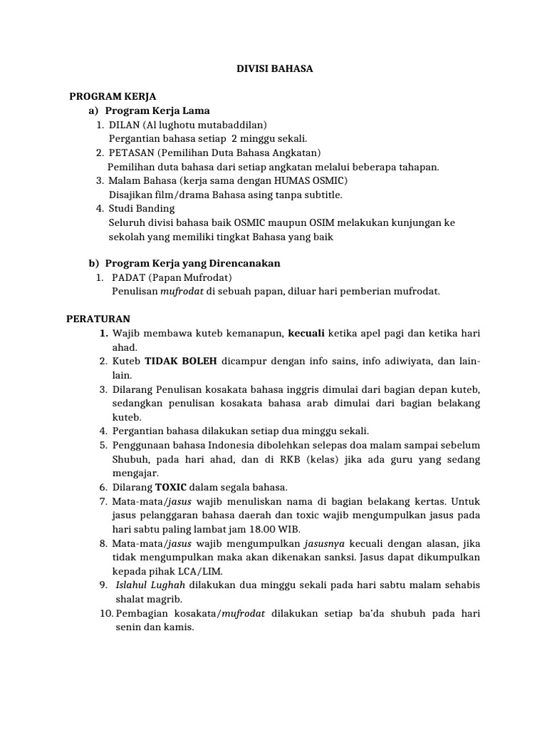 Proker & Peraturan Divisi Bahasa | PDF | Kajian Bahasa Asing