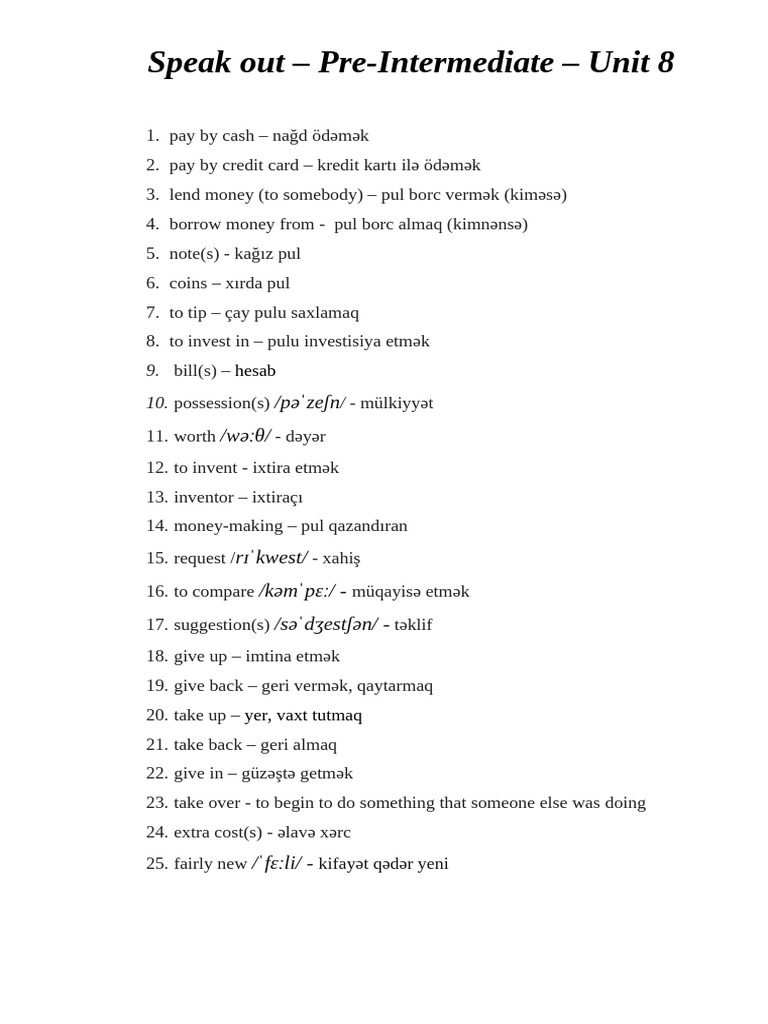 Pre-Inter Glossary Unit 10 | PDF