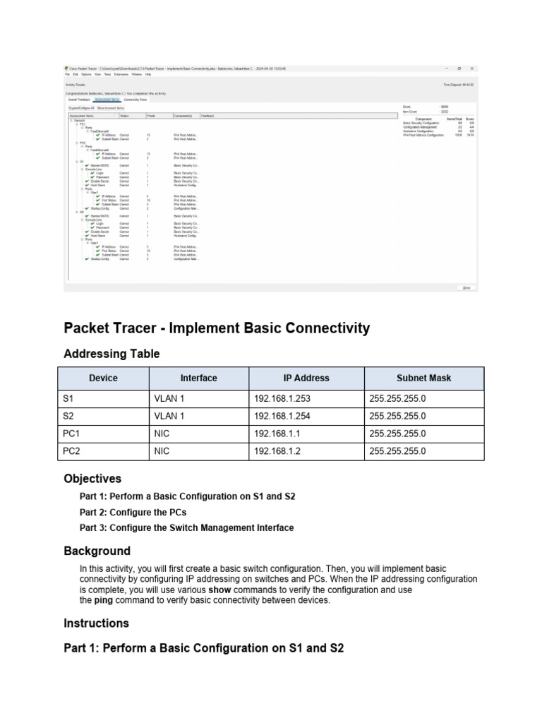 Basic Connectivity Setup in Packet Tracer | PDF | Ip Address | Internet ...