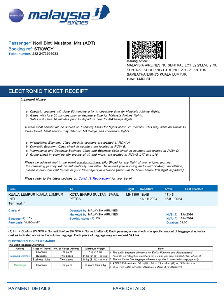 Malaysia Airlines Ticket Info | PDF | Airlines | Civil Aviation