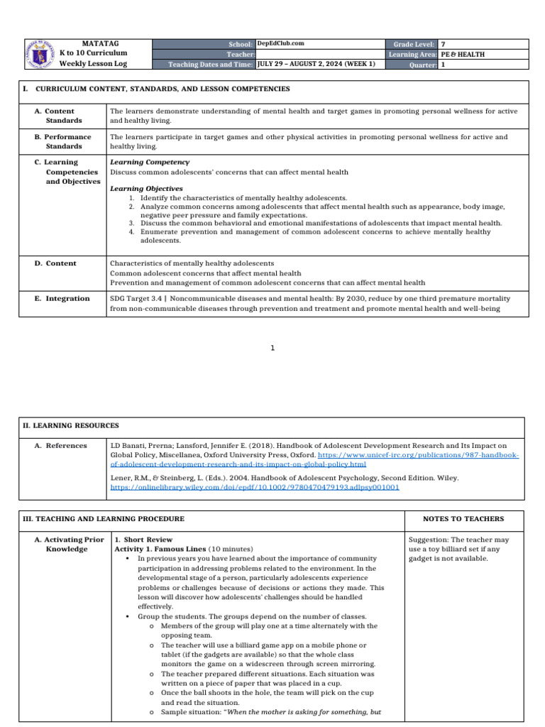 Adolescent Mental Health in PE & Health 7 | PDF | Adolescence ...