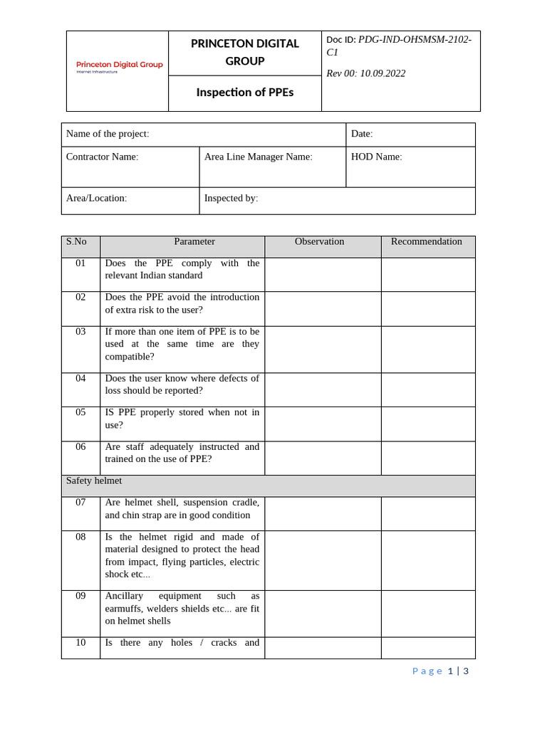 PPE Inspection Checklist | PDF | Personal Protective Equipment ...