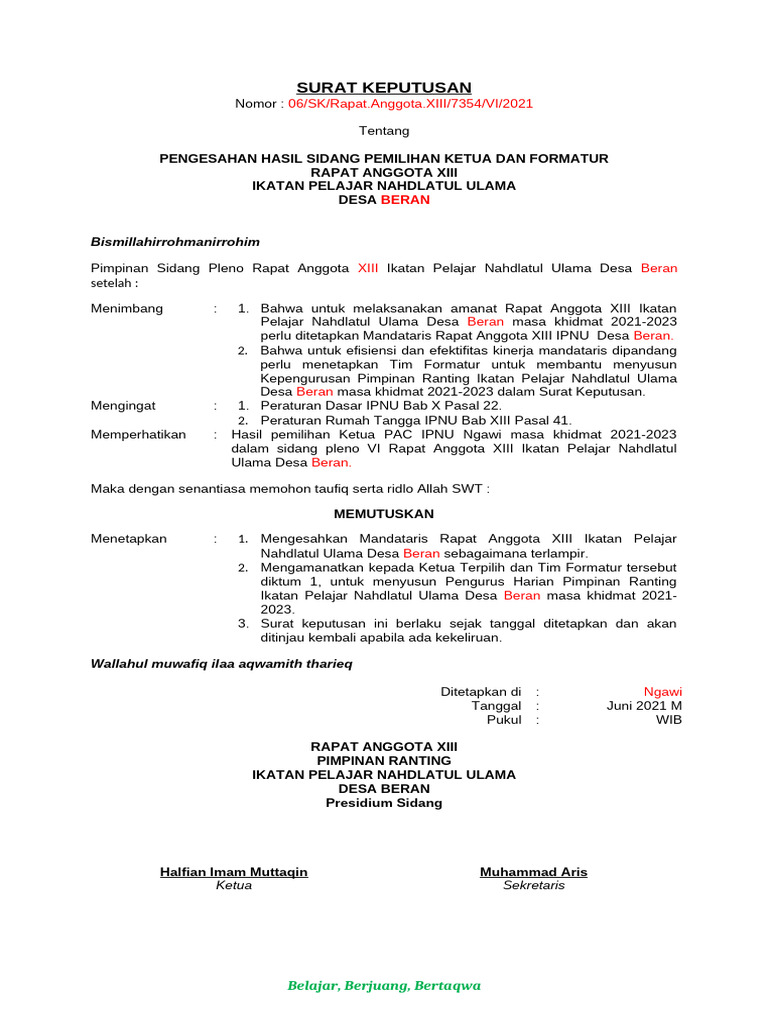 Contoh Surat Keputusan Rapat Anggota Ranting | PDF