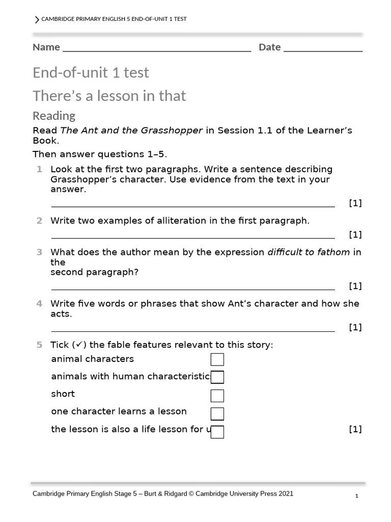 Cambridge Primary English 5 Unit 1 Test | PDF | English Language ...