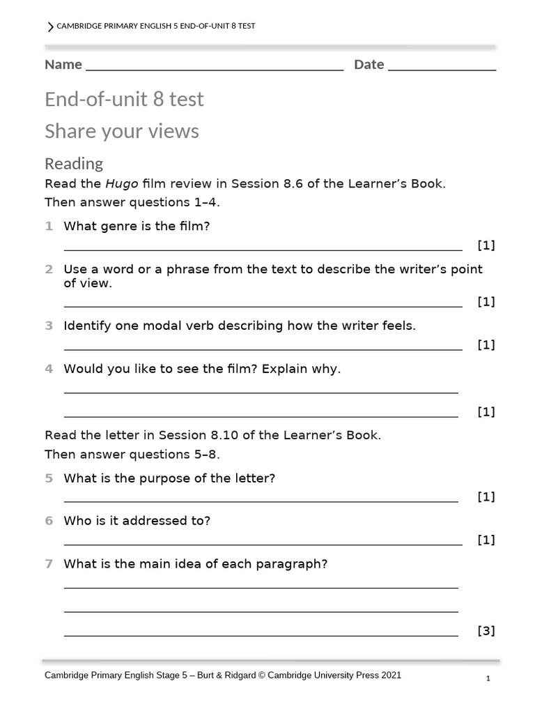 End-of-Unit 8 Test for Grade 5 English | PDF | Human Communication ...