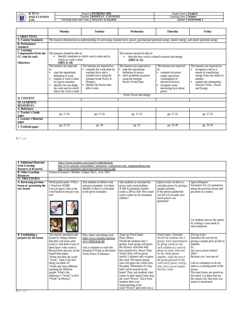 Grade 8 Science Lesson Plan: Work, Power, Energy | PDF | Watt | Metrology