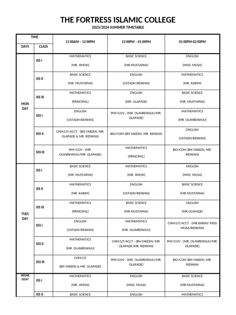 Summer Timetable Pdf Mathematics Science