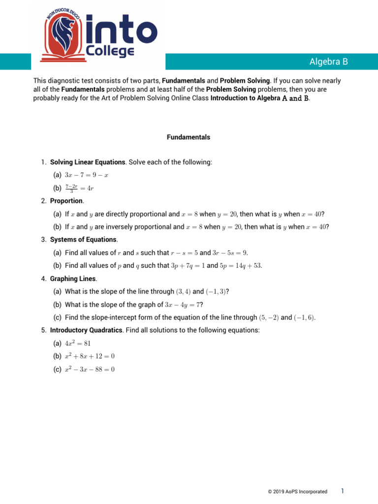 Algebra B Diagnostic Test Guide | PDF | Algebra | Equations