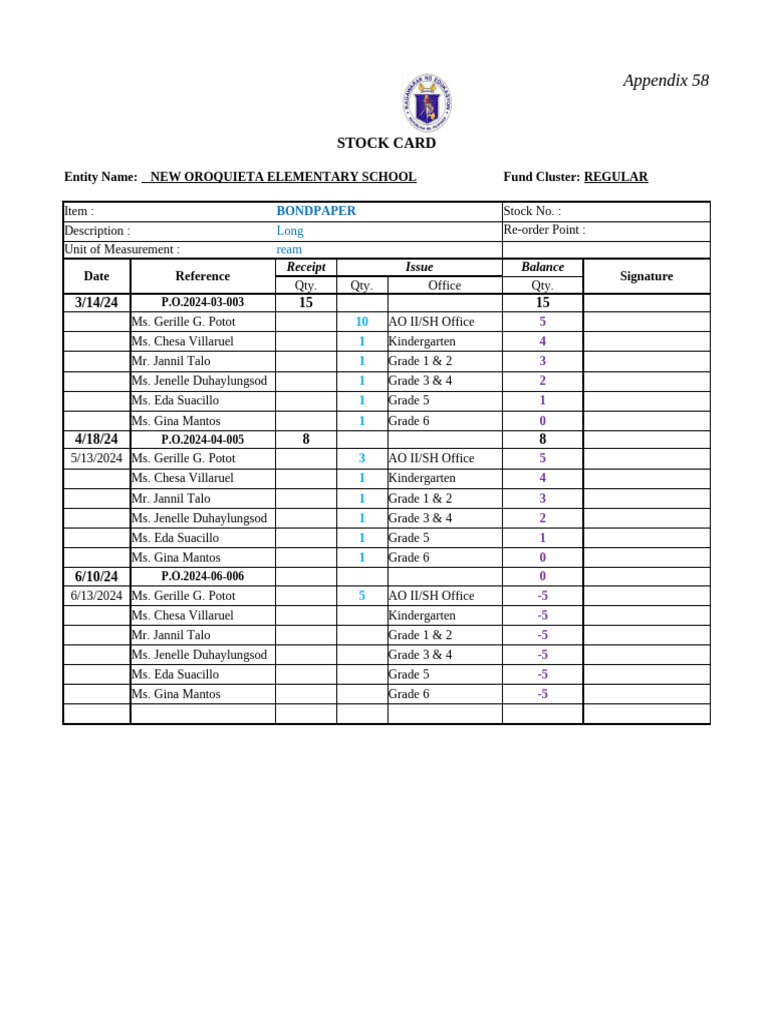 Stock Card Inventory for New Oroquieta School | PDF