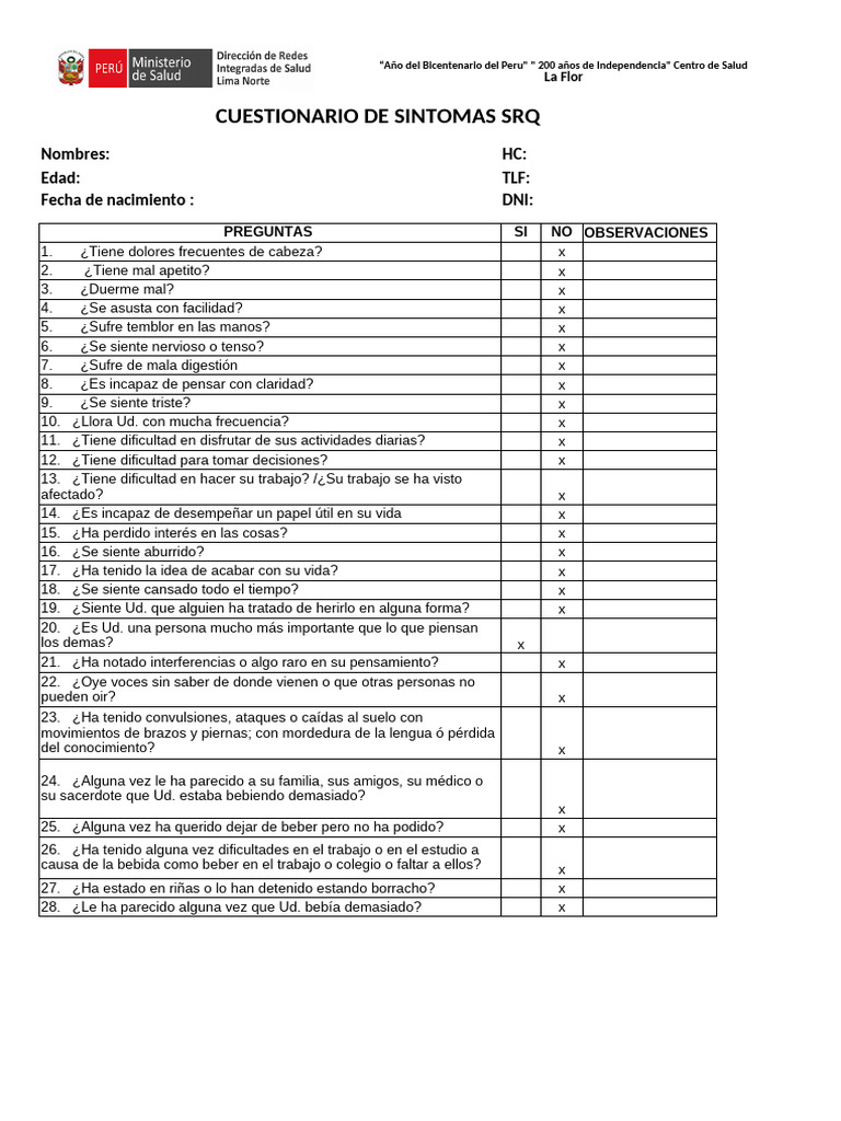 Cuestionario de Síntomas SRQ | PDF