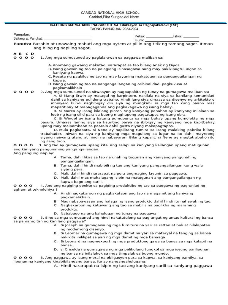 Esp 9 3rd Quarter Exam Pdf