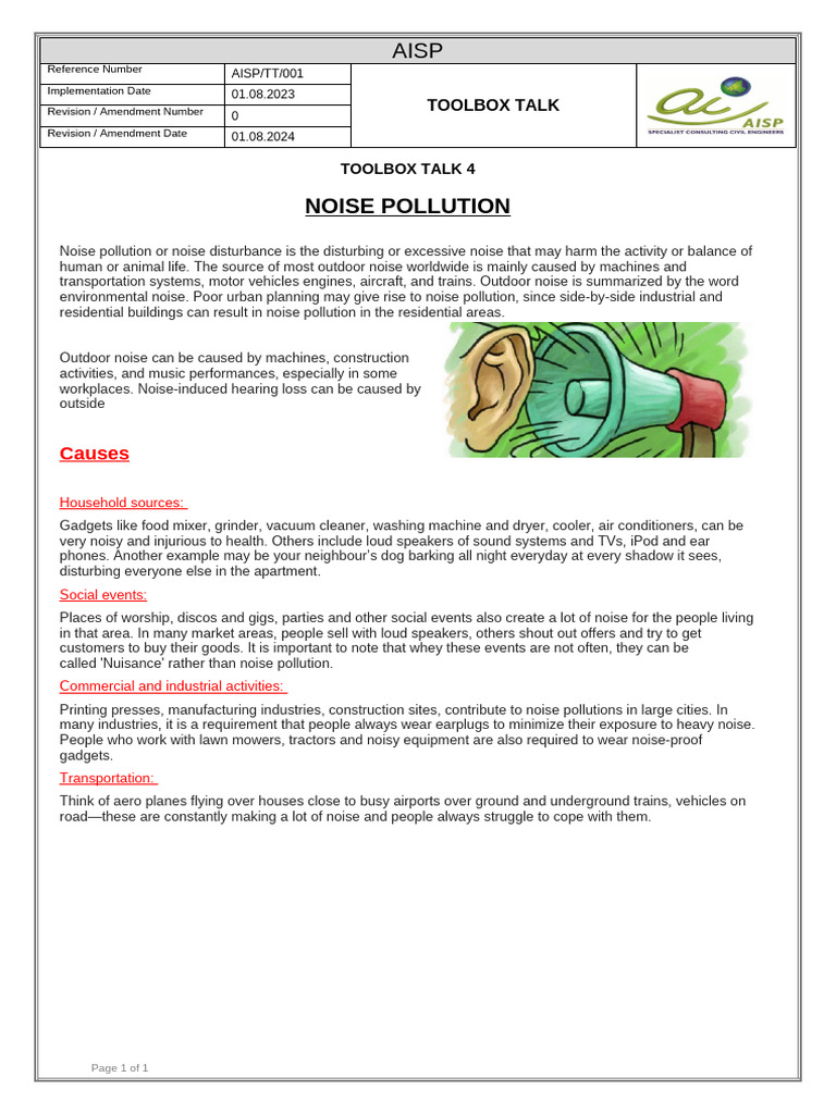 Noise Pollution Toolbox Talk Guide | PDF | Noise | Occupational Safety ...