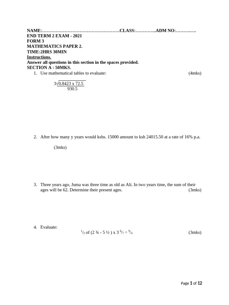 Form 3 Mathematics Exam Paper 2021 | PDF | Logarithm | Mathematics