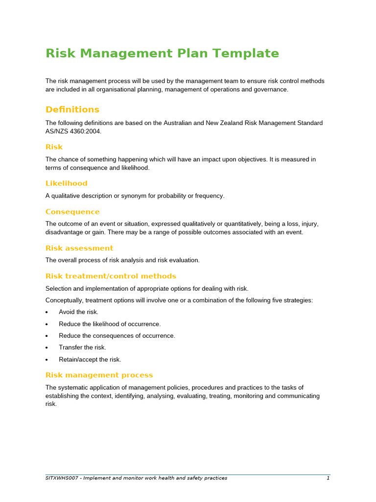 SITXWHS007 Risk Management Plan Template | PDF | Risk | Risk Management