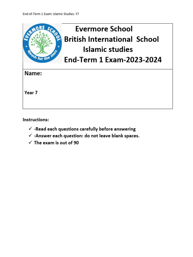 Year 7 Islamic Studies Exam 2023-24 | PDF | Muhammad | Prophets And ...