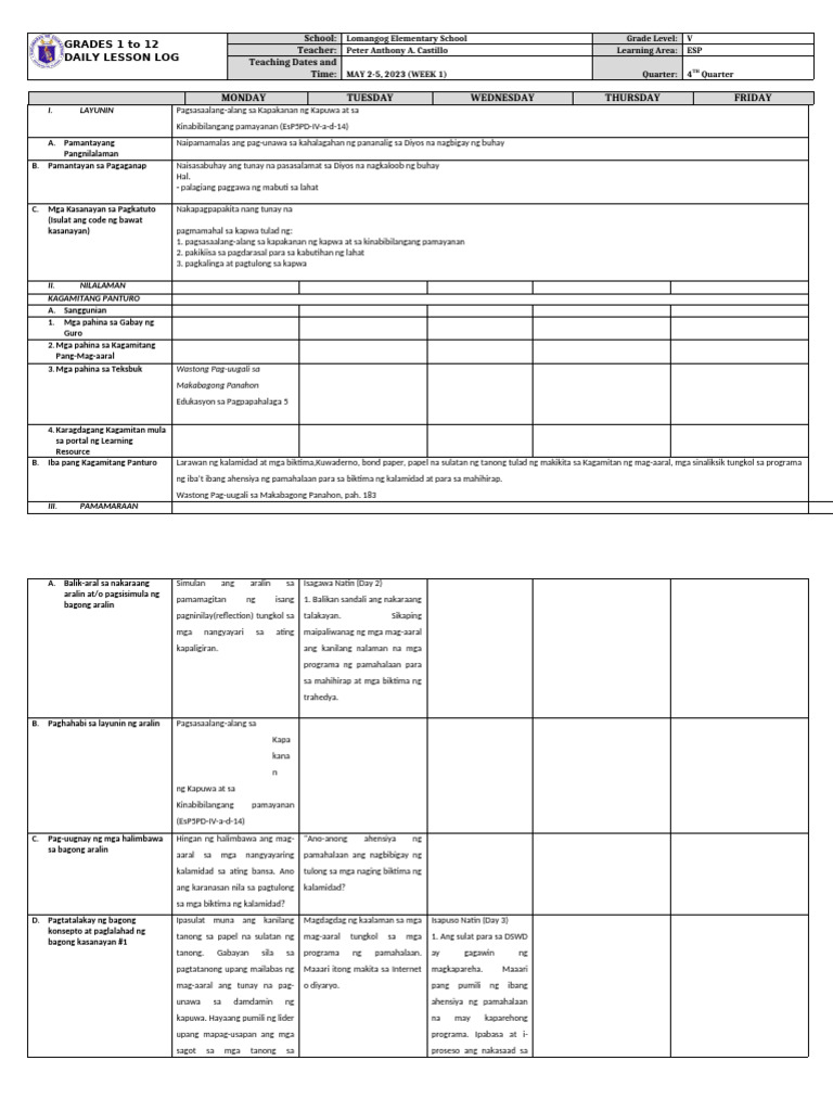 Grade 5 DLL Esp 5 q4 Week 1 | PDF