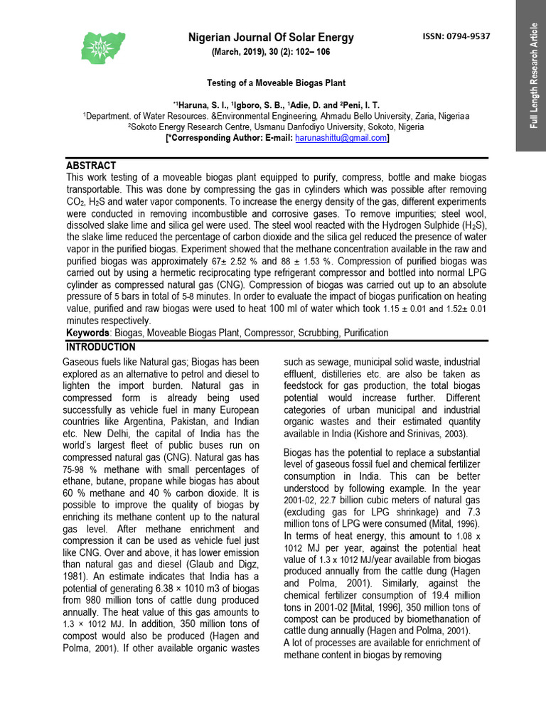 Testing of A Moveable Biogas Plant | PDF | Biogas | Natural Gas