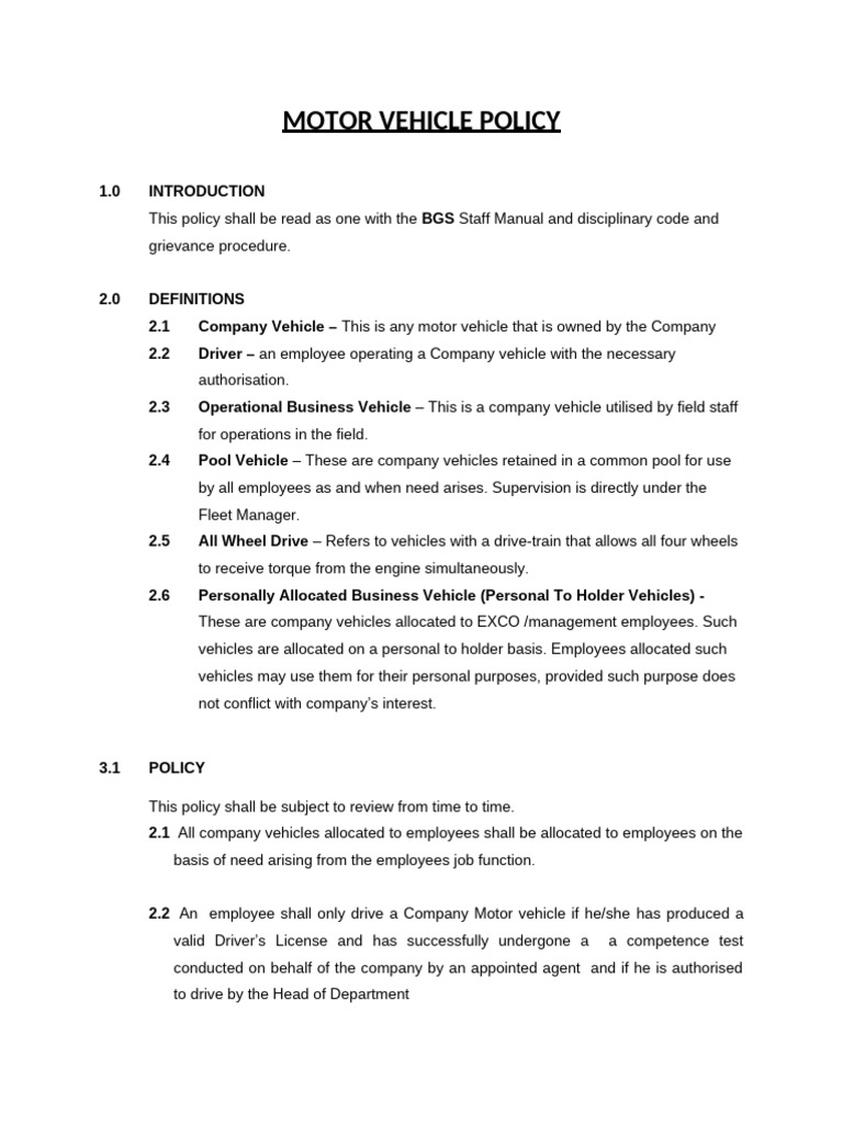Company Motor Vehicle Policy Overview | PDF | Driver's License | Vehicles