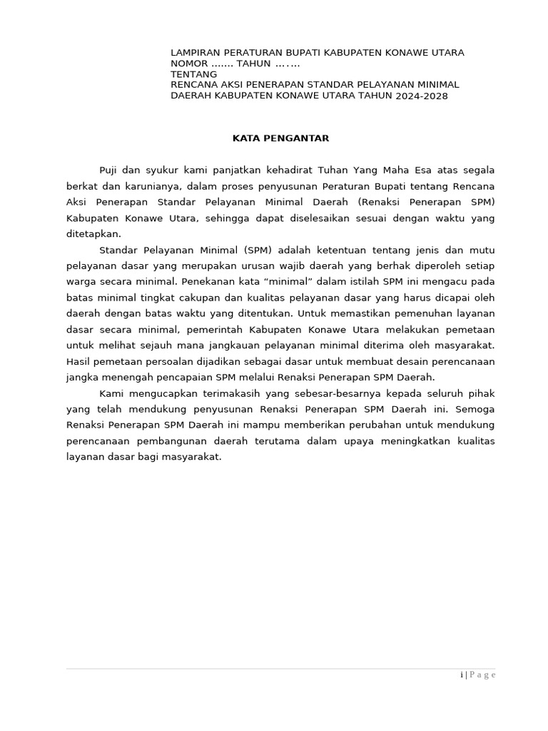 Rencana Aksi SPM Konawe Utara 2024-2028 | PDF