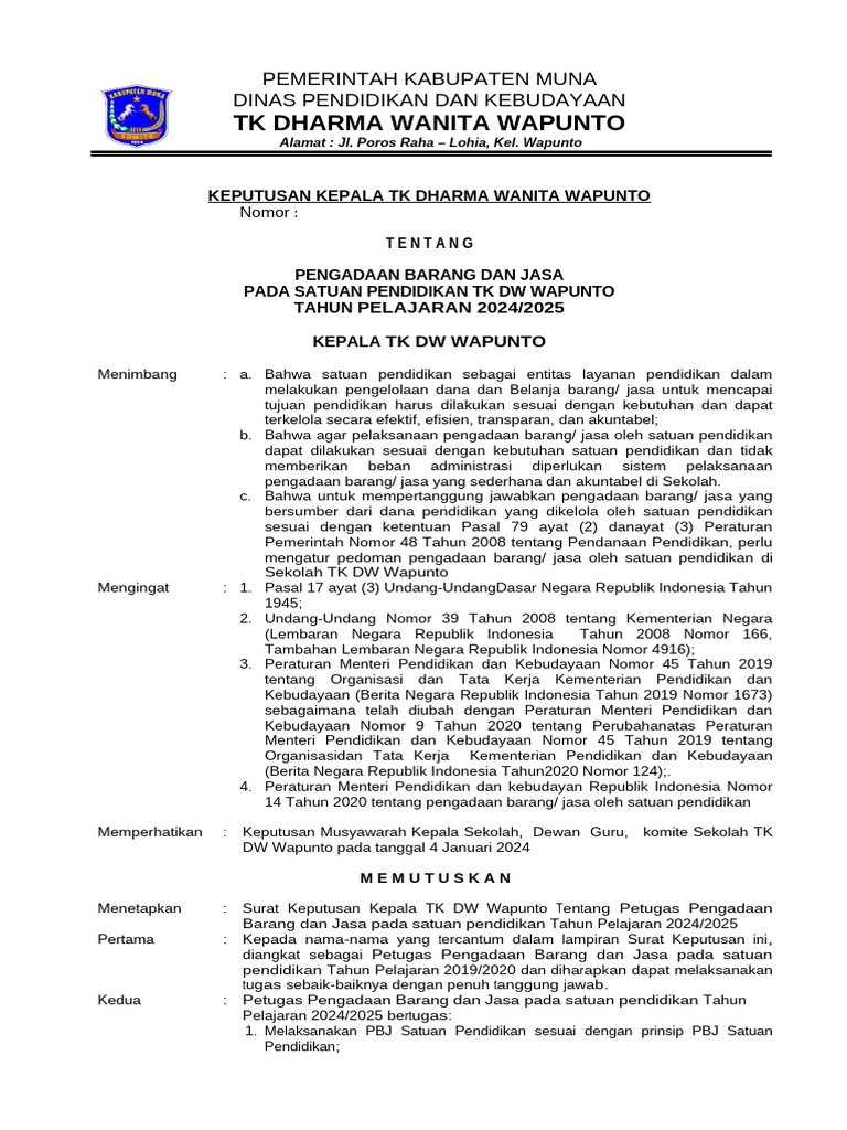 SK Pengadaan Barang dan Jasa TK DW 2024 | PDF