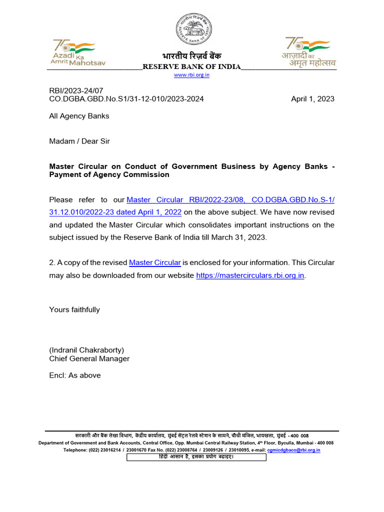 RBI Circular for Agency Banks | PDF | Banks | Reserve Bank Of India