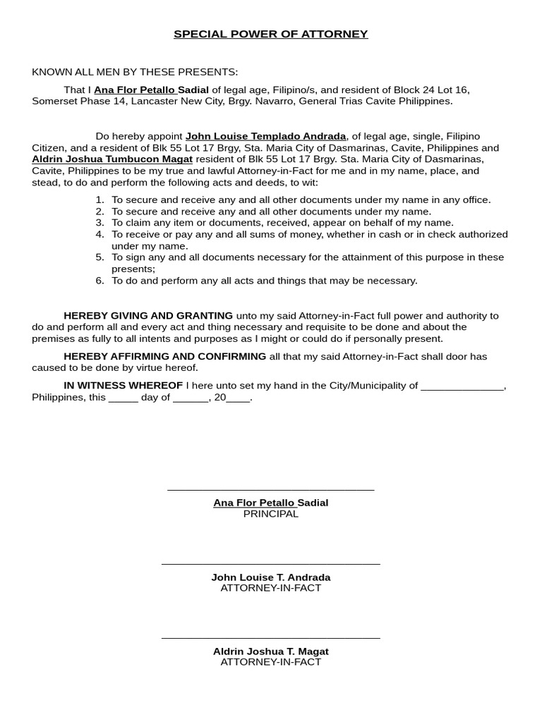Special power of attorney pdf power of attorney government