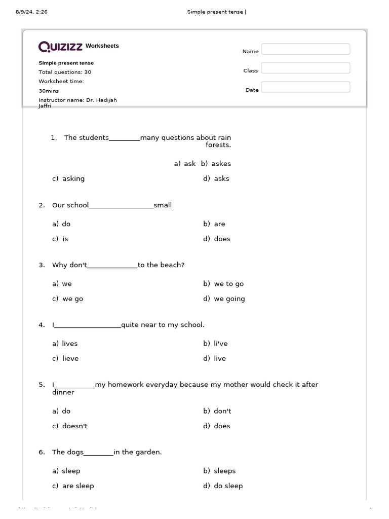 Simple present tense quizizz pdf