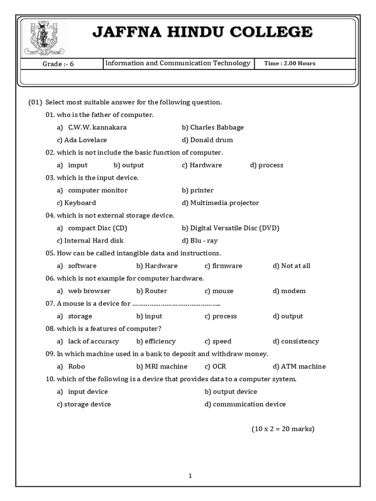 Grade 6 ICT First Term Exam Paper | PDF | Input/Output | Computer Hardware