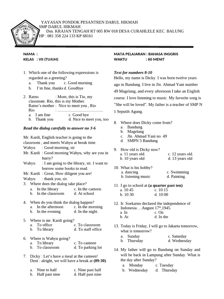 Soal BHS Inggris Kelas 7 | PDF | Language Arts & Discipline