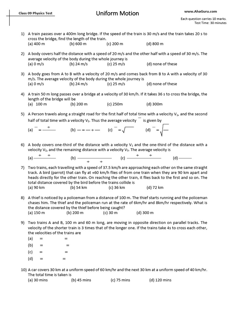 P9 Wk06 TS 2021uniform Motion Test Sheet Student | PDF | Speed | Mechanics