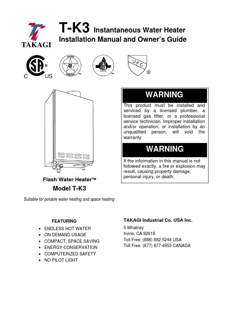 TAKAGI TK3 Instantaneous Water Heater PDF Water Heating Hvac
