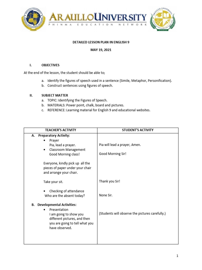 Detailed Lesson Plan | PDF | Metaphor | Anthropomorphism
