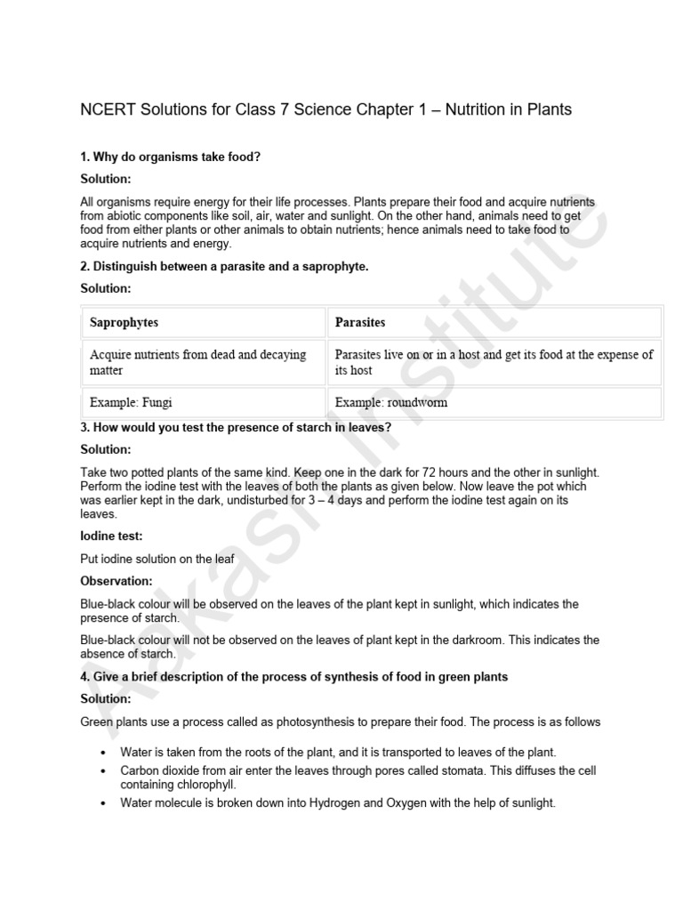 NCERT Solutions for Class 7 Science Chapter 1 Nutrition in Plants | PDF ...
