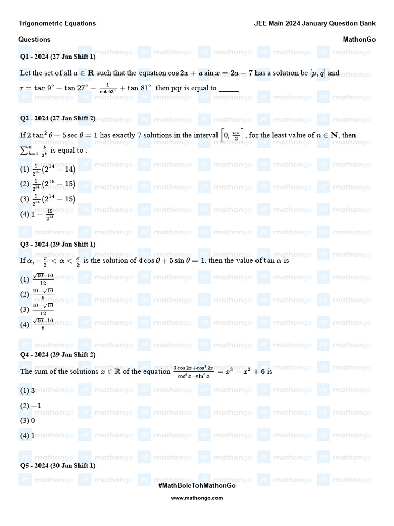 JEE Main 2024 Trigonometric Questions | PDF | Equations | Mathematical ...