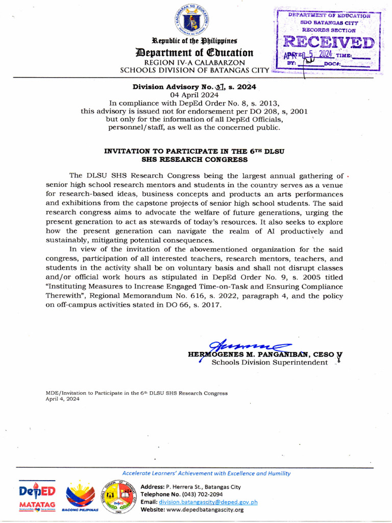 6th DLSU SHS Research Congress Invitation | PDF | Science | Cognition