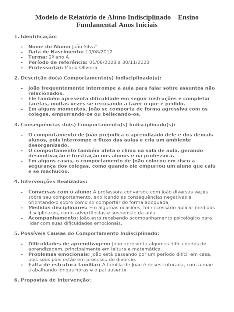 Modelo de Relatório de Aluno Indisciplinado | PDF | Família | Aprendizado