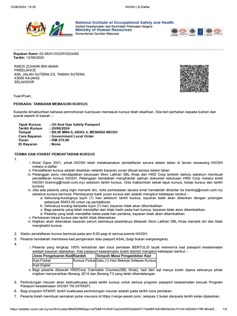 Tawaran Kursus OGSP NIOSH 2024 | PDF