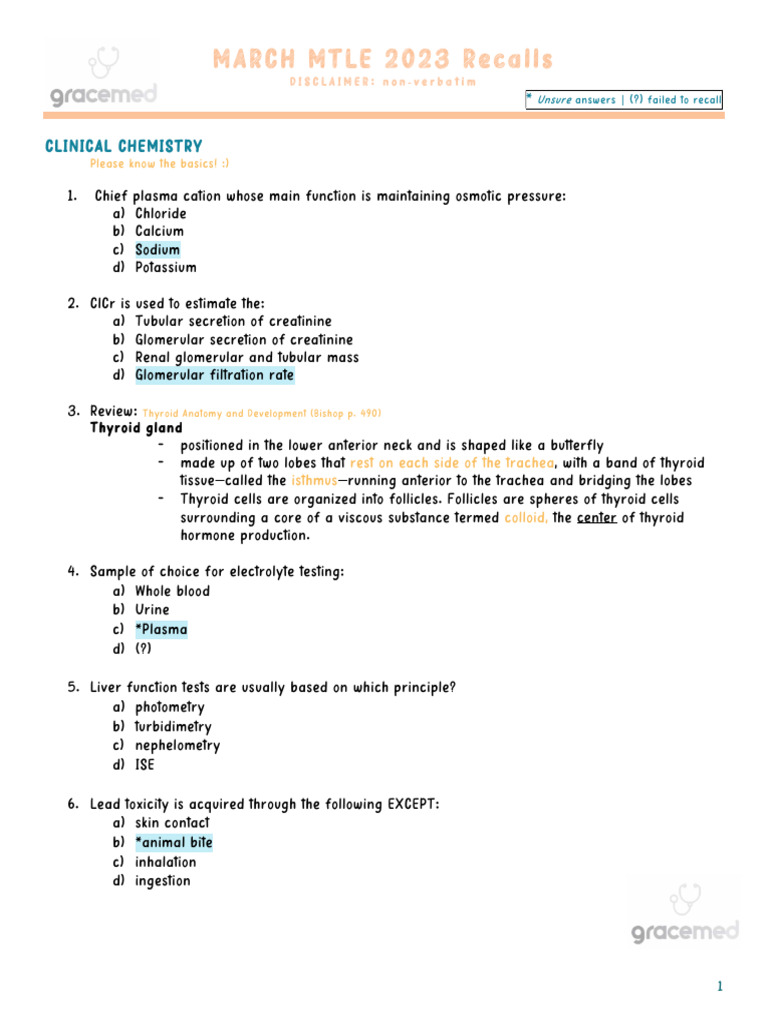 MTLE 2023 Clinical Chemistry Review | PDF | Thyroid | Creatinine
