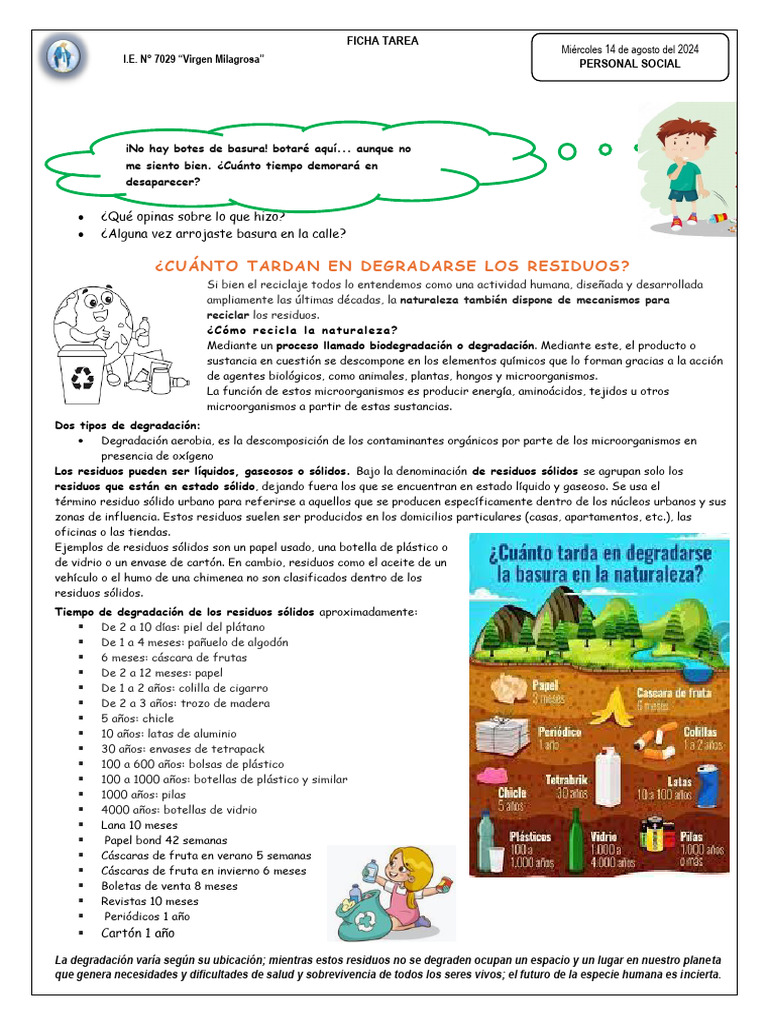 TAREA PS 6tob Cuanto Tarda en Degradarse La Basura | PDF | Residuos ...