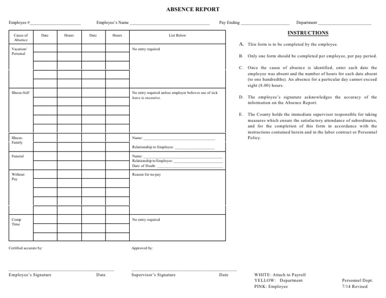 Employee Absence Report Form | PDF | Employment | Labor