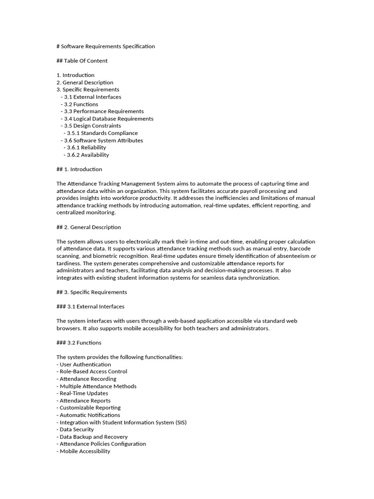 Software Requirements Specification For Attendance | PDF | Computer ...