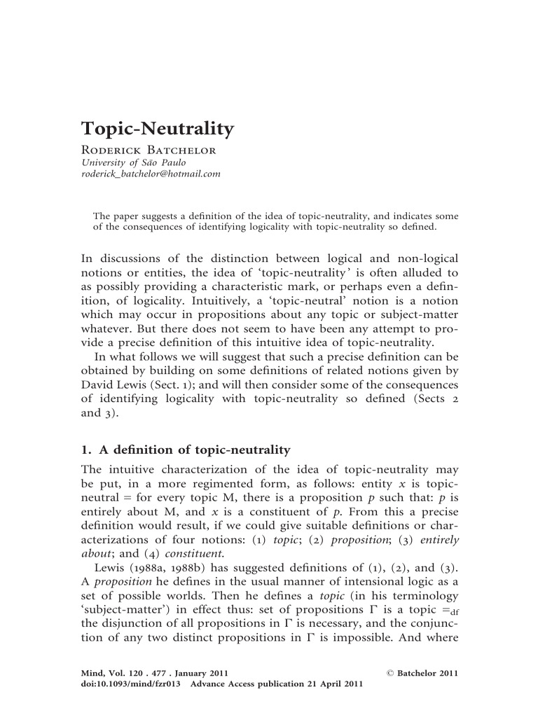 Batchelor, 2011 - Topic-Neutrality | PDF | Proposition | Definition
