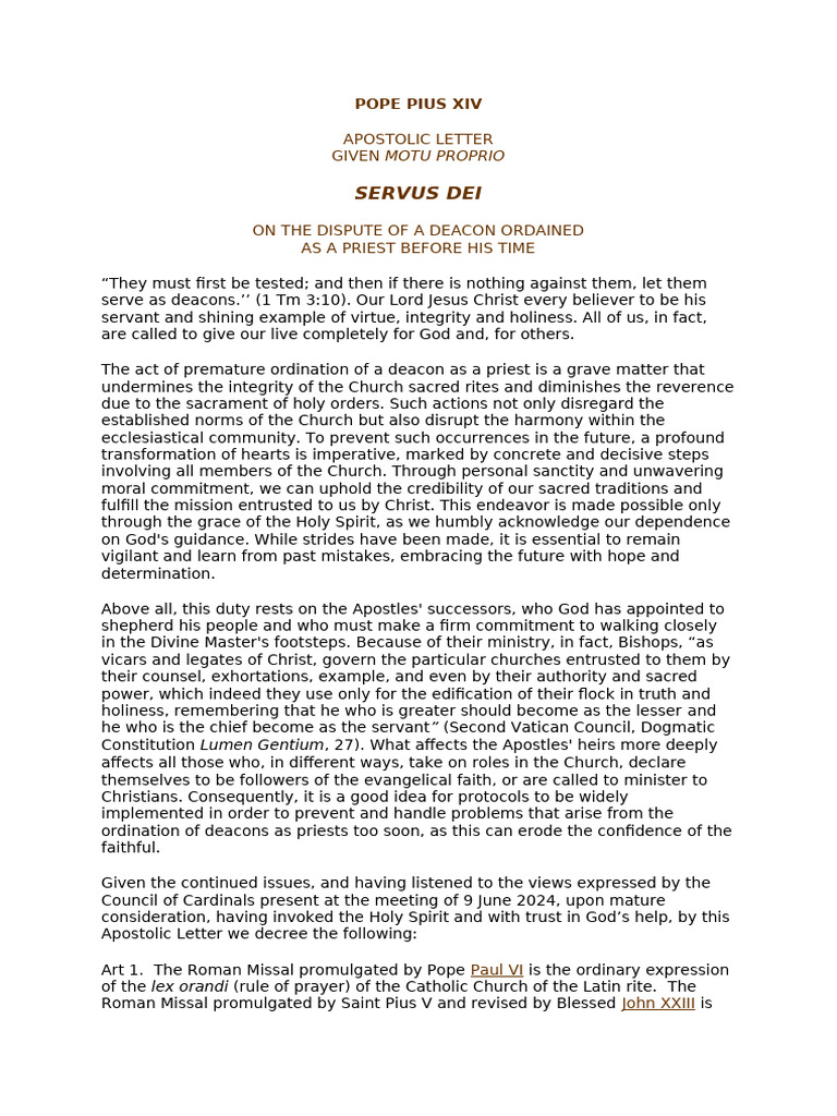 Pius XIV's Letter on Deacon Ordination Issues | PDF | Catholic Church ...