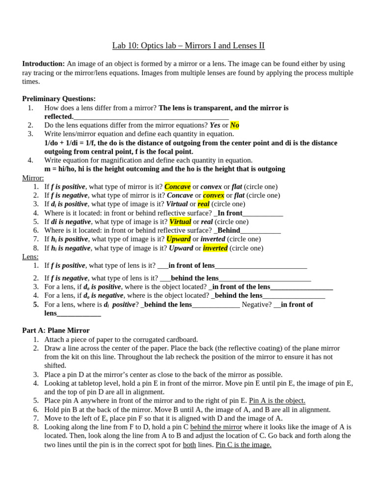 Lab 10 - Optics Lab | PDF | Mirror | Optics