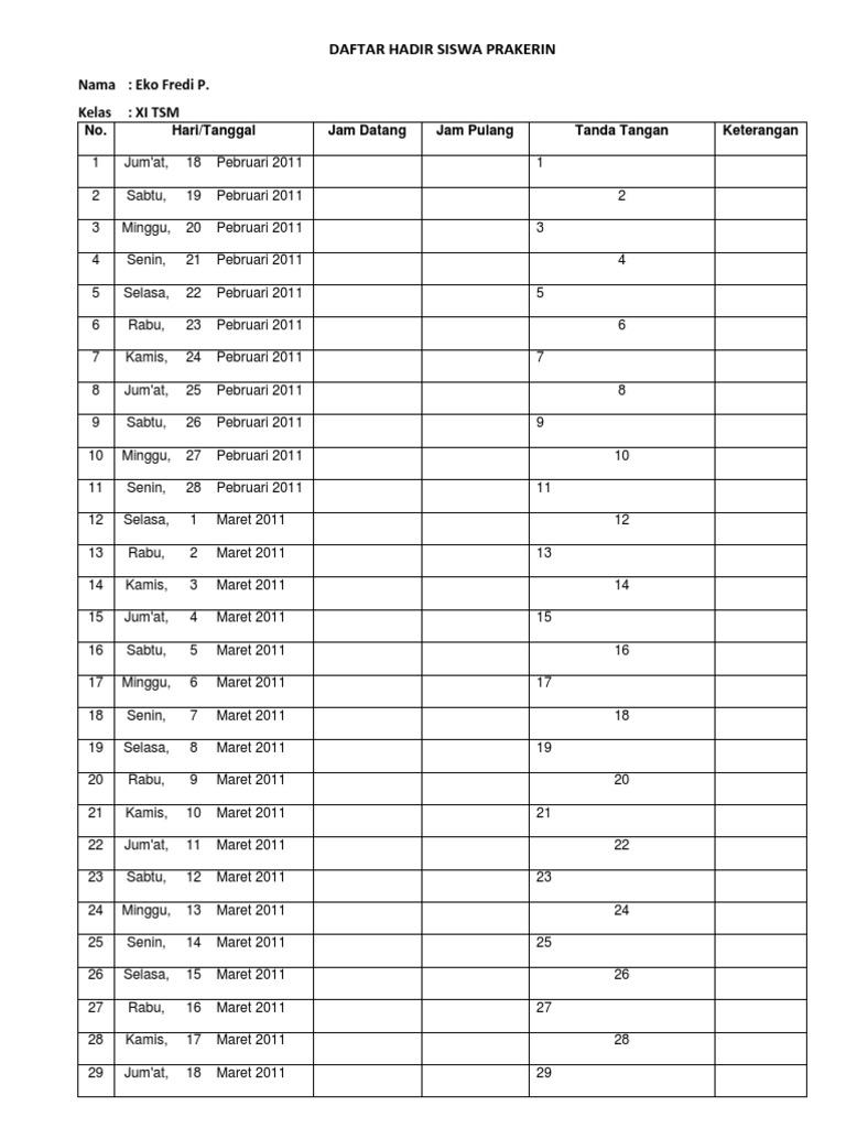 Daftar Hadir Siswa Prakerin