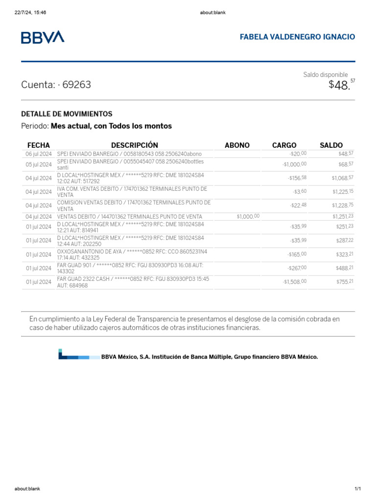 Movimientos Bbva 7 22 2024 PDF Servicios Financieros