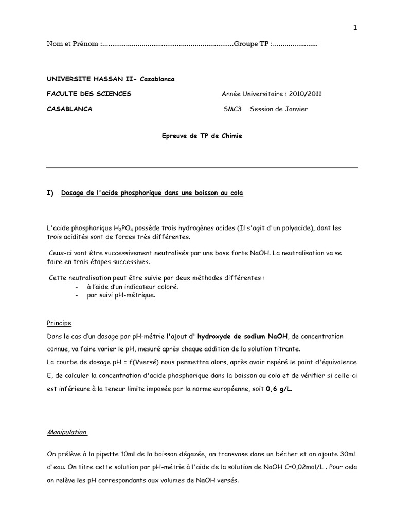 Dosage de l'acide phosphorique en cola | PDF | Hydroxyde de sodium | Ph