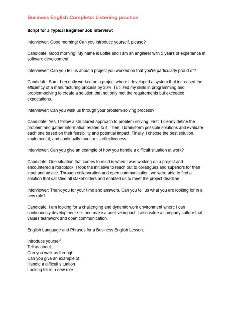Engineer Interview Listening Practice | PDF | Brainstorming | Communication