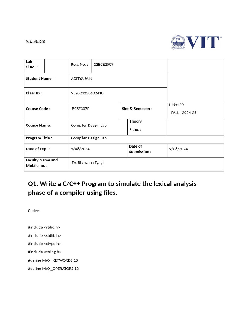 Compiler Design Lab Tokenization & Symbol Table | PDF | Software ...